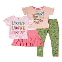 Grafičke majice, suknja i gamaše ružičaste baršune, suknja i gamaše, set od 4 komada, veličine 4-12