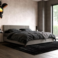 Tapecirani krevet s uzglavljem i okvirom, namještaj za spavaće sobe, svijetlosiva posteljina, veličina