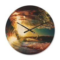 DesignArt 'obojeni oceanski valovi koji padaju dolje na Sunset III' Zidni sat obalnog drveta