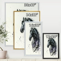 DesignArt 'Izbliza od frizijskog konja s poljoprivrednim kućama s dugim Manesom uokvirenim platno zidnim umjetničkim