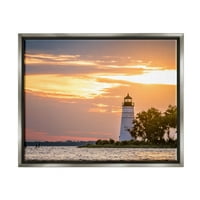 Morski svjetionik, Zalazak sunca, Horizont, obalna fotografija, sjajni sivi uokvireni umjetnički tisak, zidna umjetnost