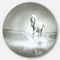 Dizajnerska umjetnost Bijeli konj koji trči kroz vodu Ultra sjajna životinja, volumetrijski metalni krug, zidna