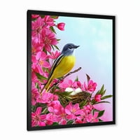 Dizajnirati 'mala žuta ptica u blizini gnijezda s tradicionalnim uokvirenim umjetničkim printom ružičastih cvjetova