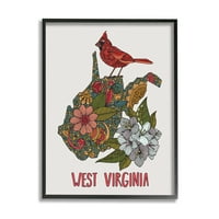Stupell Industries West Virginia State Kardinal Detaljan cvjetni uzorak Grafička umjetnost Crna uokvirena umjetnost