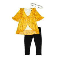Zauvijek Me Girls Fashion Tie Front Kimono, tunika i tajice, trodijelni odjevni set s cvjetnom krunom, veličine