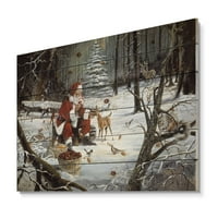 DesignArt 'Djed Mraz s jelenom u tisku snježne šume na prirodnom borovom drvetu