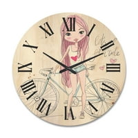 DesignArt 'Mlada žena s biciklom' Dječji zidni sat umjetnosti drveni sat