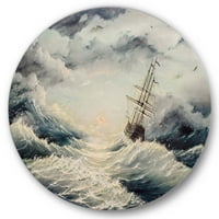 DesignArt 'Brod se bori s morskom olujom' nautički i obalni krug metal zid - disk od 29