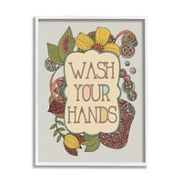 _ Natpis za kupaonicu operite ruke sa zamršenim cvjetnim detaljima, grafikom u bijelom okviru, zidnim printom, dizajnom