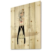DesignArt 'Slatka djevojka do turneje Paris Eiffel Tower' Dječji umjetnički ispis na prirodnom borovom drvetu